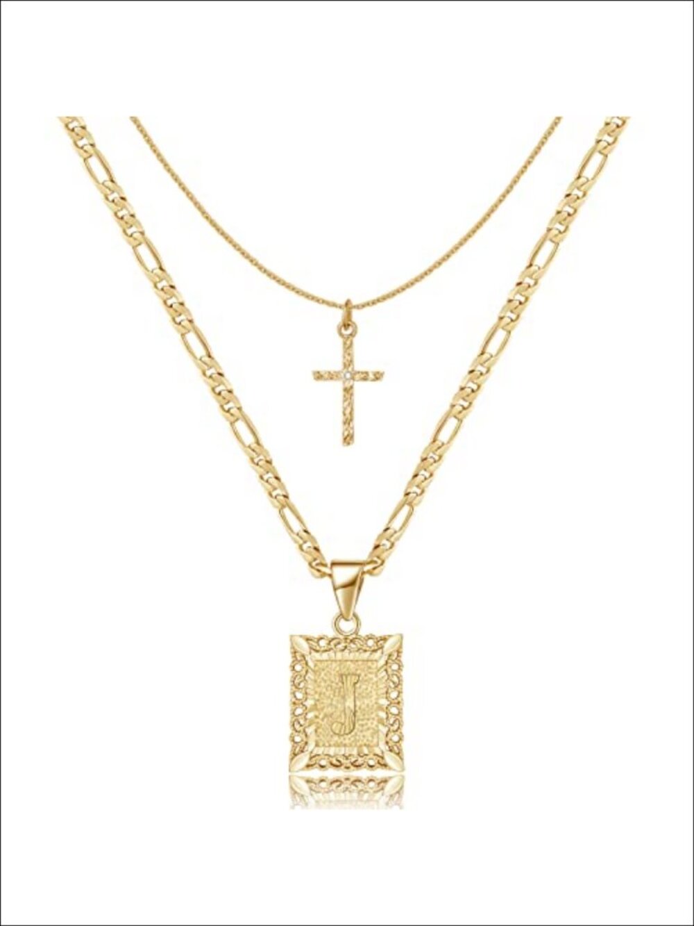 14K Gold Plated Layered Initial Cross Necklace Figaro Chain